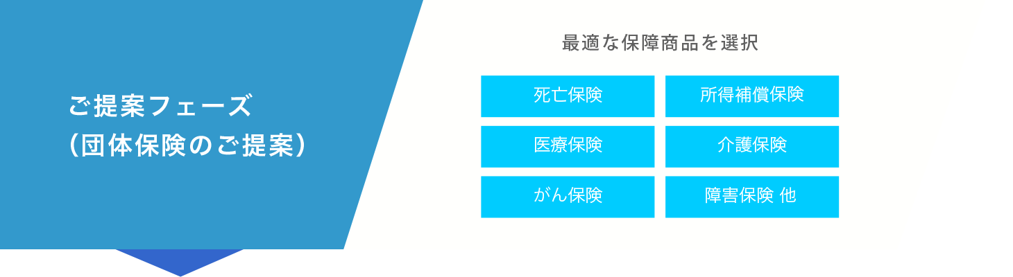 ご提案フェーズ（団体保険のご提案） ― 最適な保障商品を選択：死亡保険・医療保険・がん保険・所得補償保険・介護保険・傷害保険 他